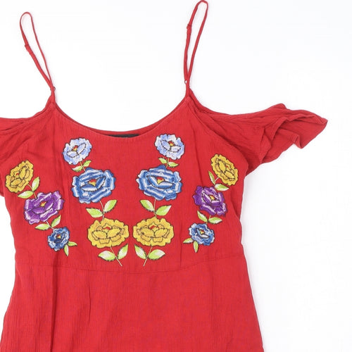 FOREVER 21 Womens Red Polyester Mini Size S Round Neck Pullover - Embroided flowers, Shoulder cut out