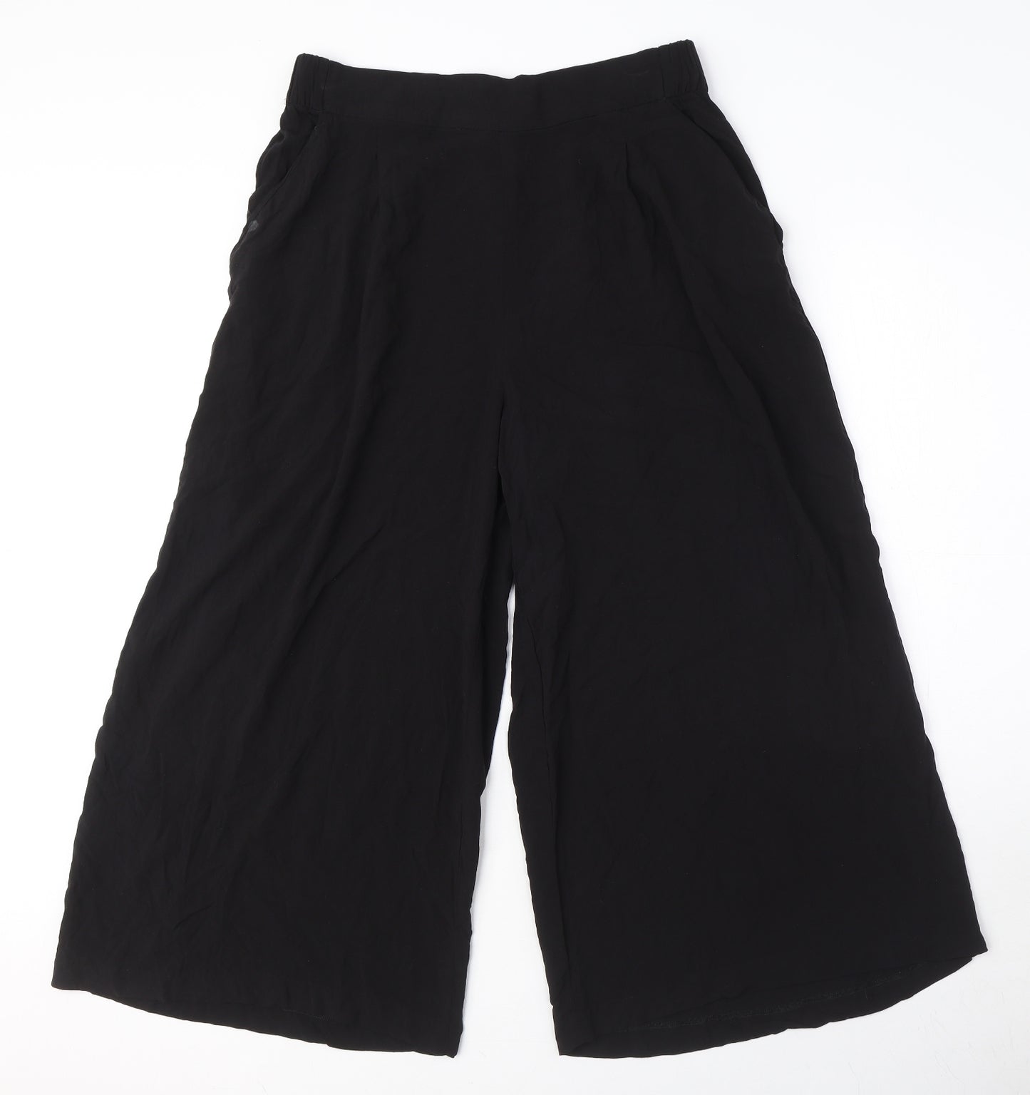 H&M Womens Black Viscose Capri Trousers Size 14 L22 in Regular - Elasticated Waist, Pockets