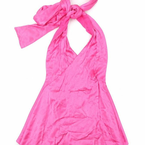 Zara Womens Pink Viscose Cropped Blouse Size L High Neck - Tie Neck
