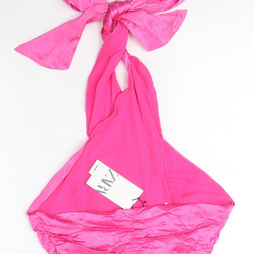 Zara Womens Pink Viscose Cropped Blouse Size L High Neck - Tie Neck