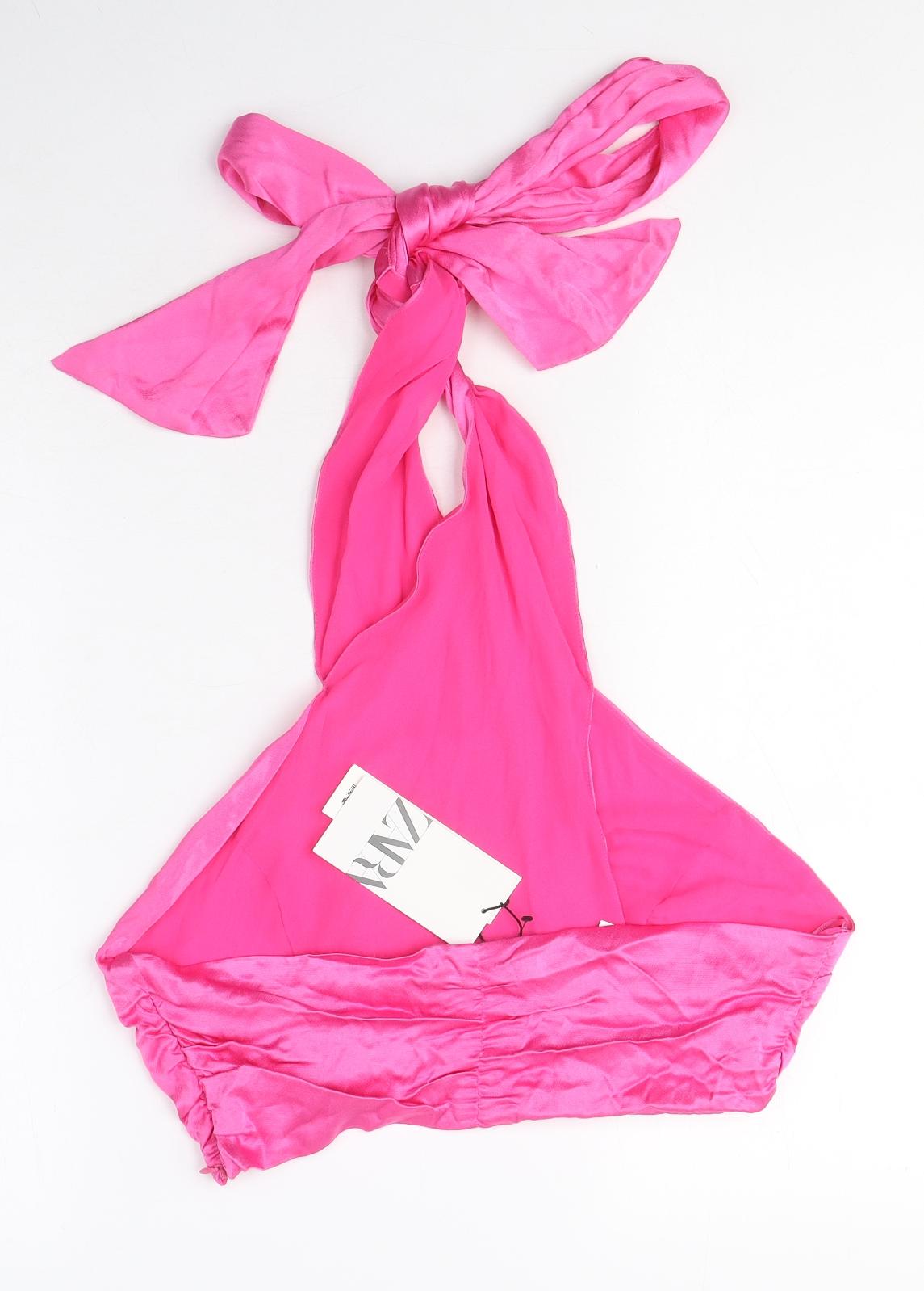 Zara Womens Pink Viscose Cropped Blouse Size L High Neck - Tie Neck