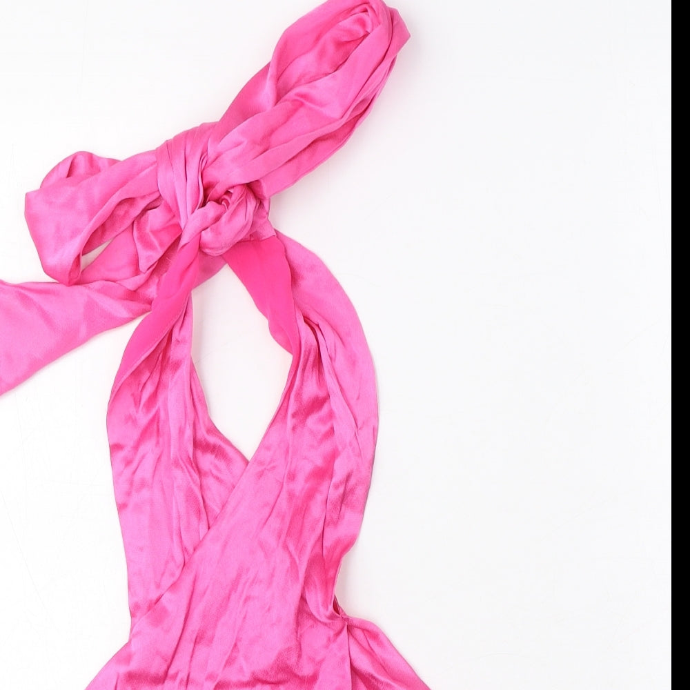 Zara Womens Pink Viscose Cropped Blouse Size L High Neck - Tie Neck