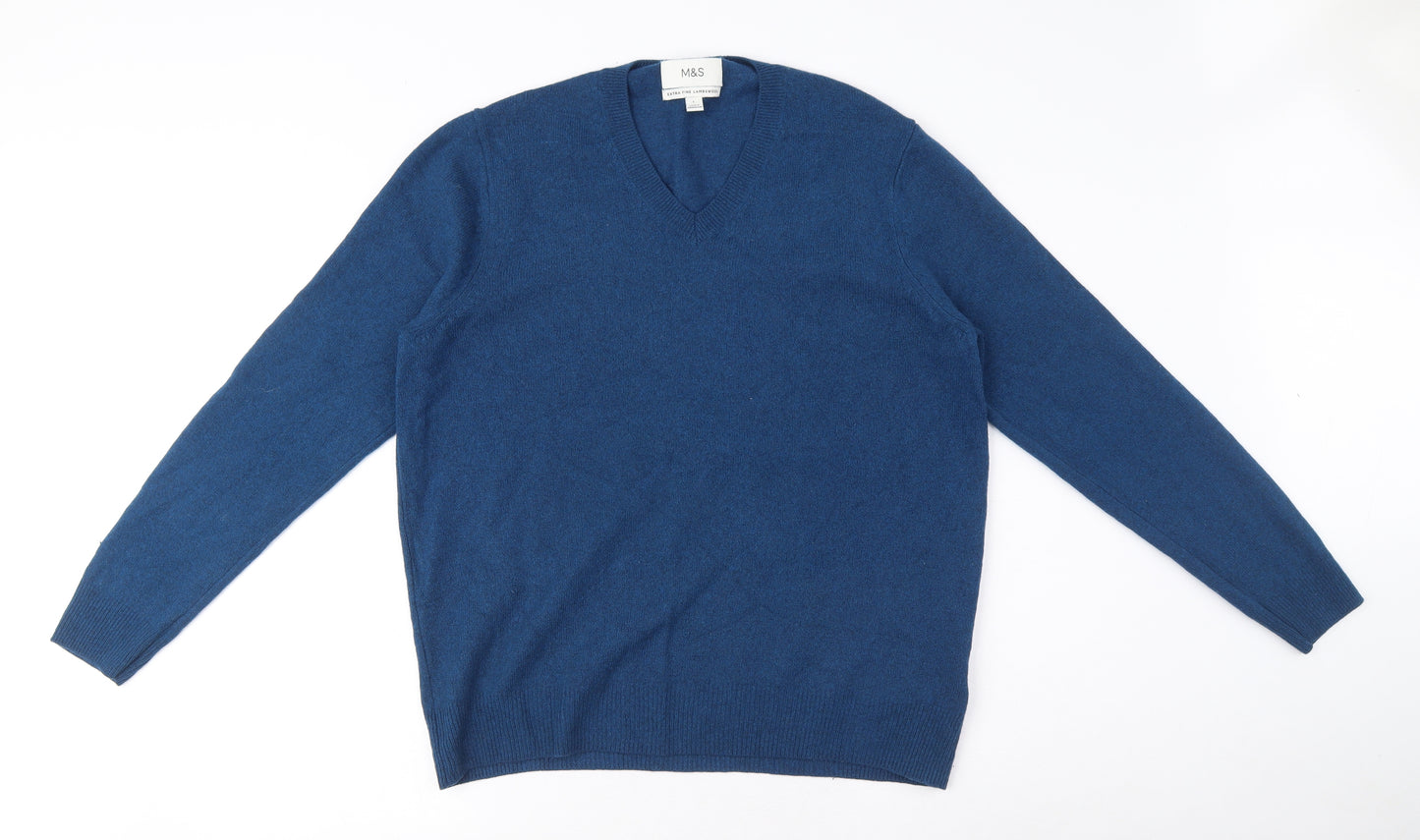 Marks and Spencer Mens Blue V-Neck Wool Pullover Jumper Size L Long Sleeve