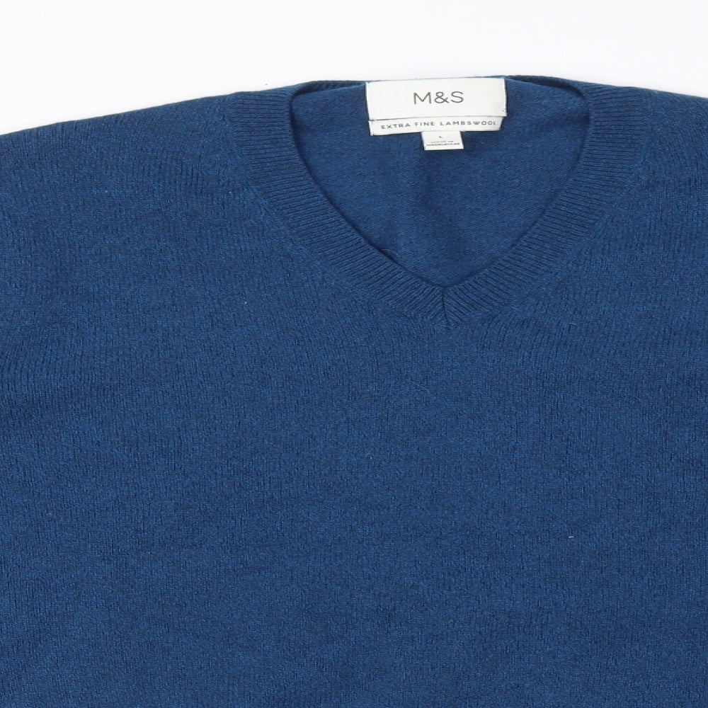 Marks and Spencer Mens Blue V-Neck Wool Pullover Jumper Size L Long Sleeve