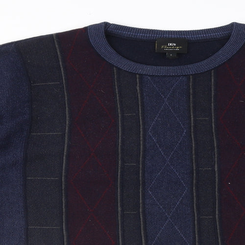 DG'S Mens Blue Crew Neck Argyle/Diamond Wool Pullover Jumper Size L Long Sleeve