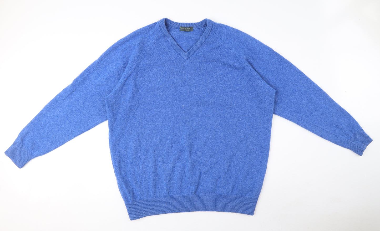 Lyle & Scott Mens Blue V-Neck Wool Pullover Jumper Size 2XL Long Sleeve