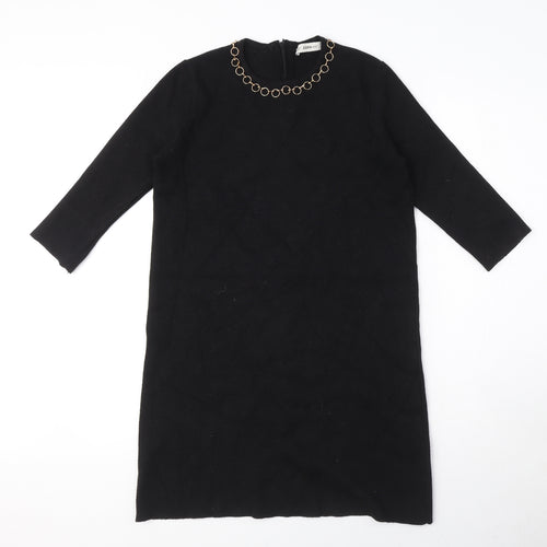 Zara Womens Black Viscose Jumper Dress Size M Round Neck Zip - Gold ring detail