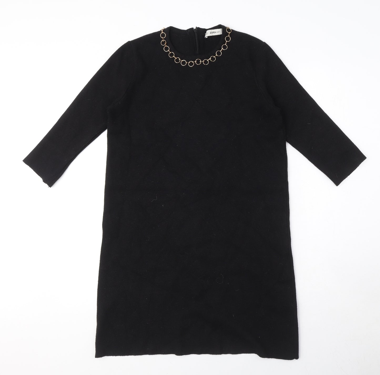 Zara Womens Black Viscose Jumper Dress Size M Round Neck Zip - Gold ring detail