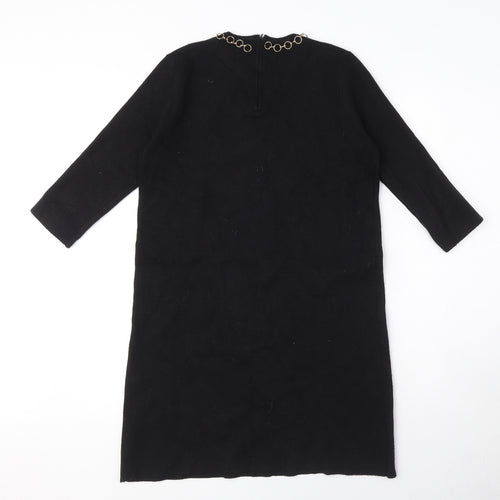Zara Womens Black Viscose Jumper Dress Size M Round Neck Zip - Gold ring detail