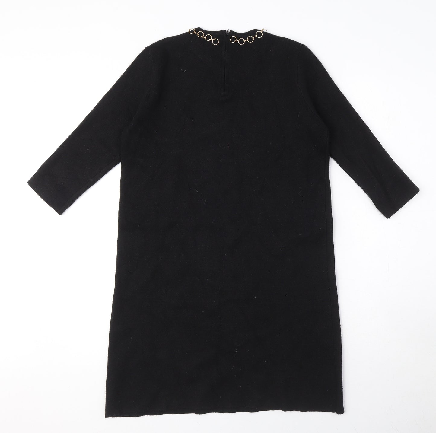 Zara Womens Black Viscose Jumper Dress Size M Round Neck Zip - Gold ring detail