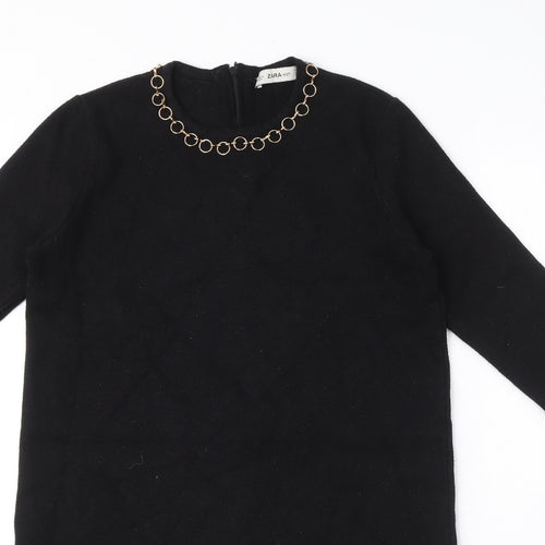 Zara Womens Black Viscose Jumper Dress Size M Round Neck Zip - Gold ring detail
