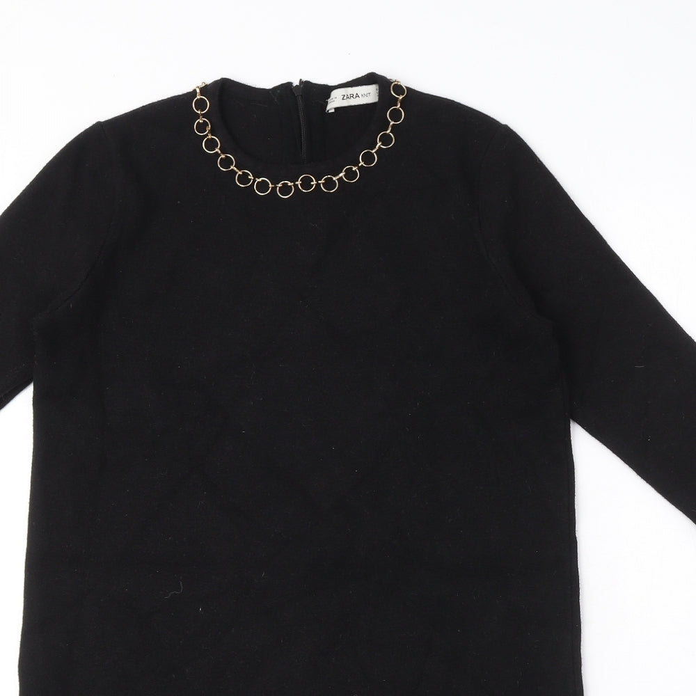Zara Womens Black Viscose Jumper Dress Size M Round Neck Zip - Gold ring detail
