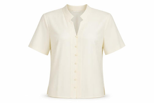 Front view of Marks & Spencer women’s beige polyester basic button-up, size UK 12, v-neck
