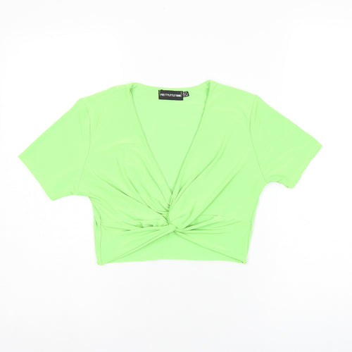 PRETTYLITTLETHING Womens Green Polyester Cropped T-Shirt Size 12 V-Neck