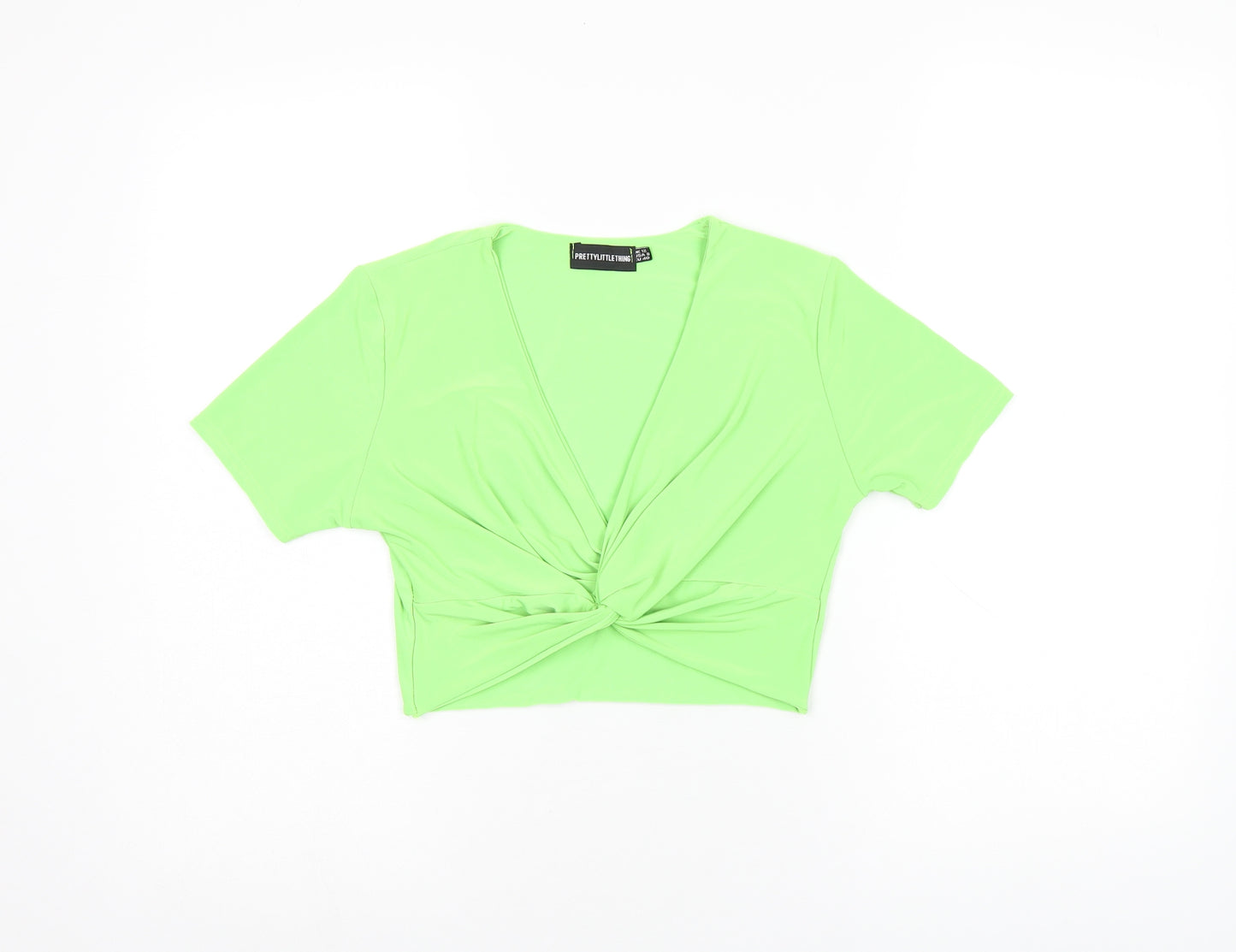 PRETTYLITTLETHING Womens Green Polyester Cropped T-Shirt Size 12 V-Neck