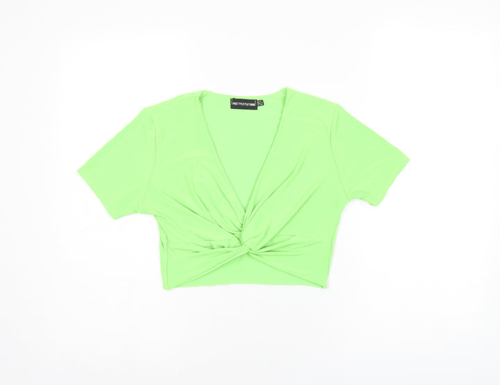 PRETTYLITTLETHING Womens Green Polyester Cropped T-Shirt Size 12 V-Neck