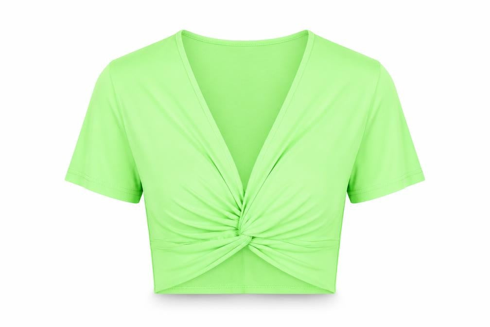 Front view of PRETTYLITTLETHING women’s green polyester cropped t-shirt, size UK 12, v-neck