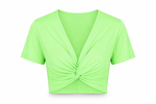Front view of PRETTYLITTLETHING women’s green polyester cropped t-shirt, size UK 12, v-neck