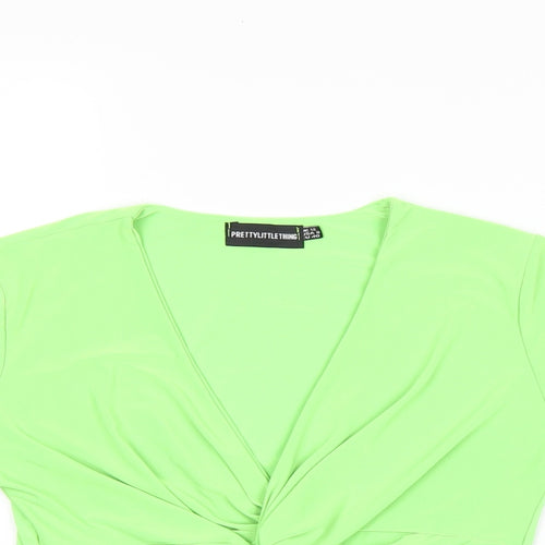 PRETTYLITTLETHING Womens Green Polyester Cropped T-Shirt Size 12 V-Neck