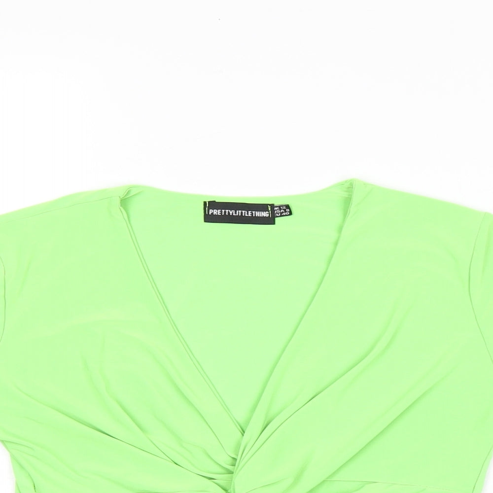 PRETTYLITTLETHING Womens Green Polyester Cropped T-Shirt Size 12 V-Neck