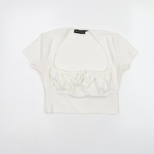PRETTYLITTLETHING Womens White Polyester Cropped T-Shirt Size 8 Square Neck