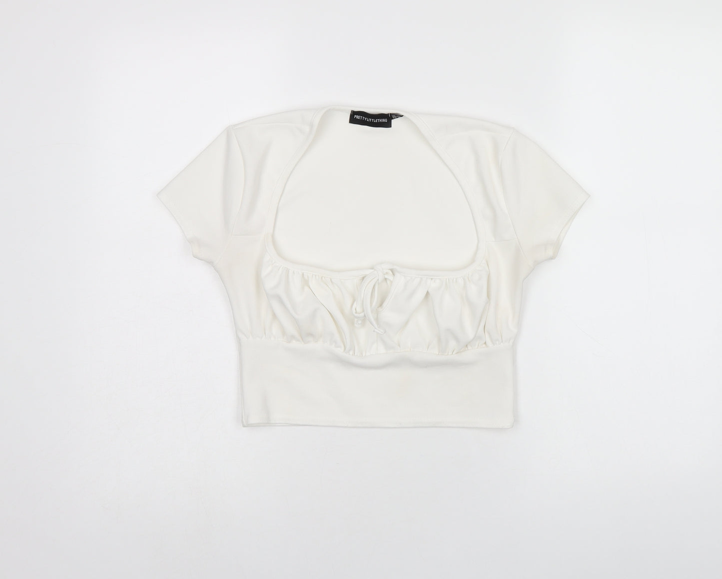 PRETTYLITTLETHING Womens White Polyester Cropped T-Shirt Size 8 Square Neck