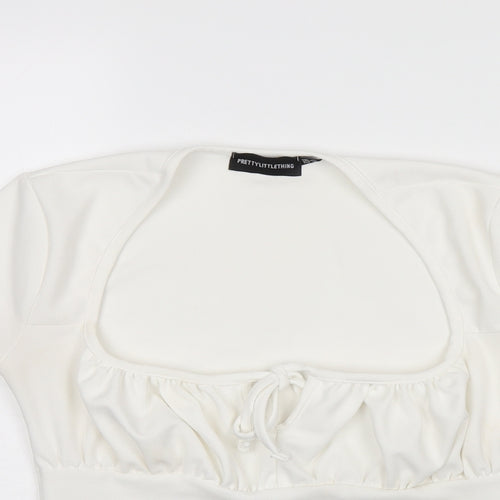 PRETTYLITTLETHING Womens White Polyester Cropped T-Shirt Size 8 Square Neck