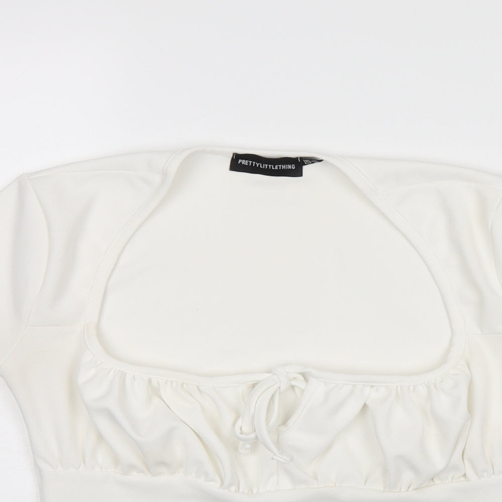 PRETTYLITTLETHING Womens White Polyester Cropped T-Shirt Size 8 Square Neck
