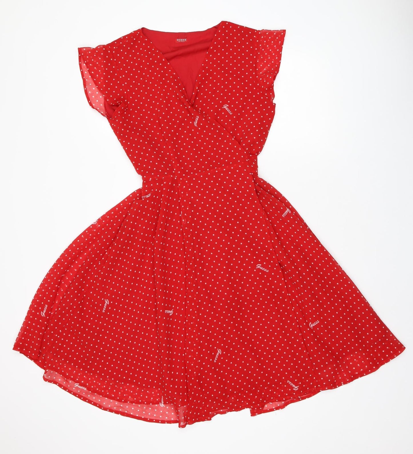 GUESS Womens Red Polka Dot Polyester Wrap Dress Size M V-Neck Tie