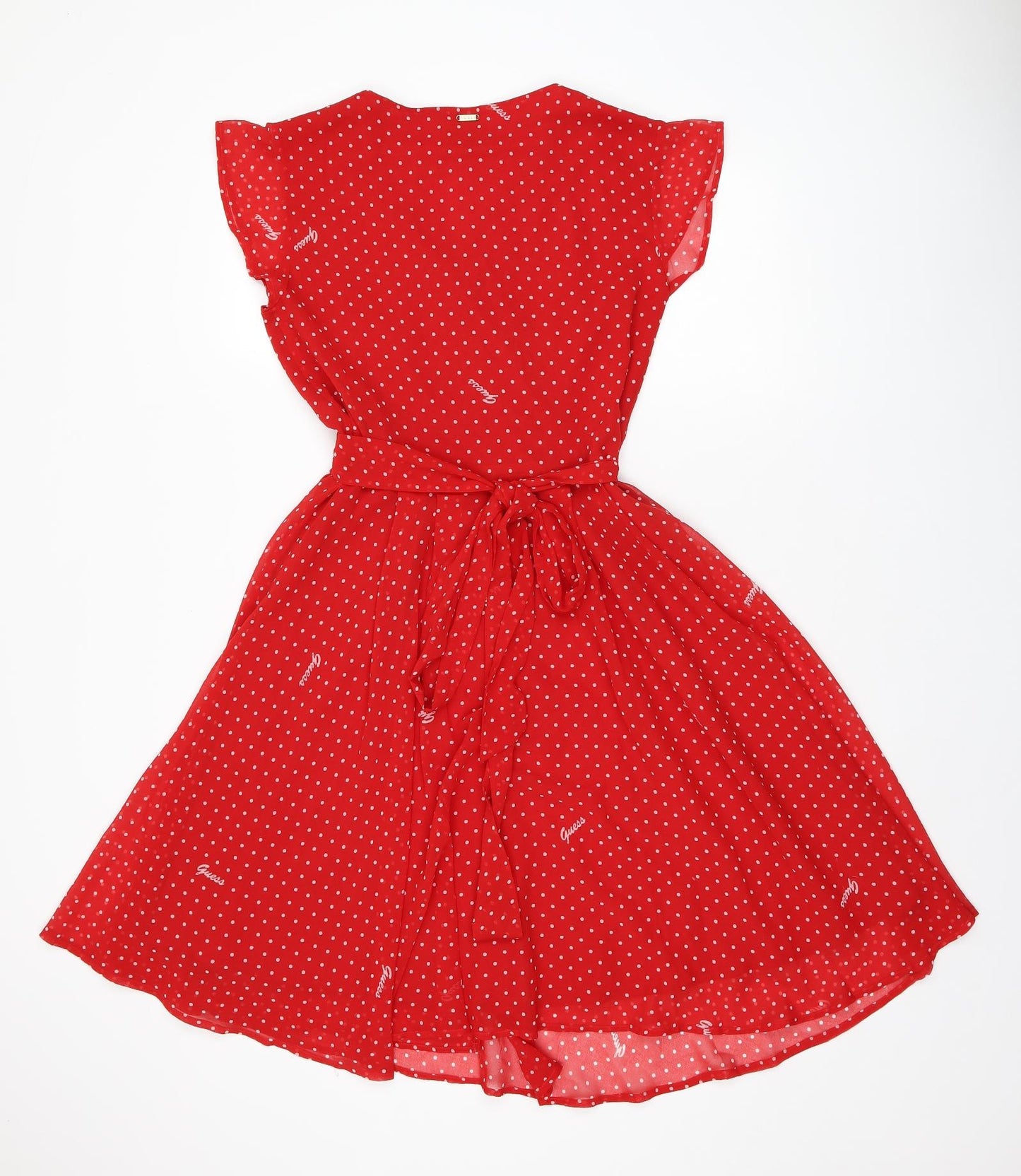 GUESS Womens Red Polka Dot Polyester Wrap Dress Size M V-Neck Tie