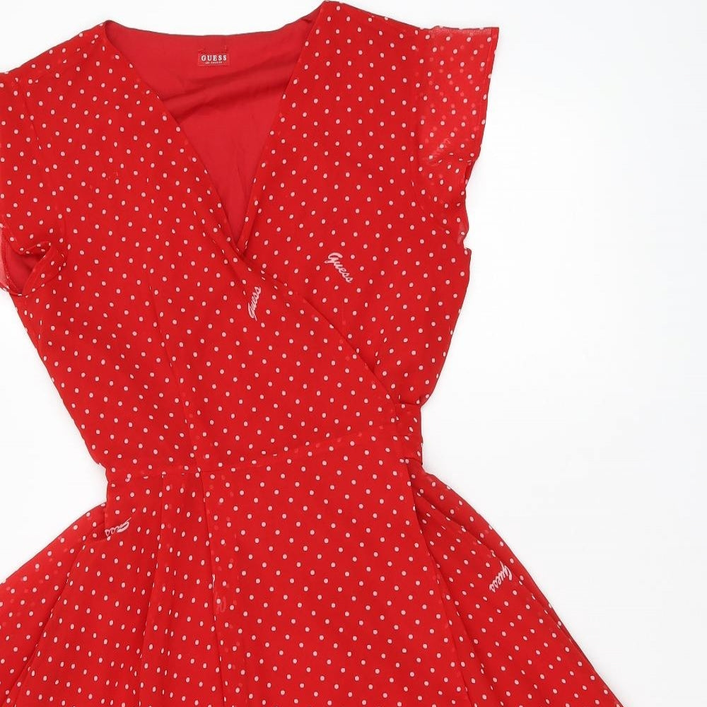 GUESS Womens Red Polka Dot Polyester Wrap Dress Size M V-Neck Tie