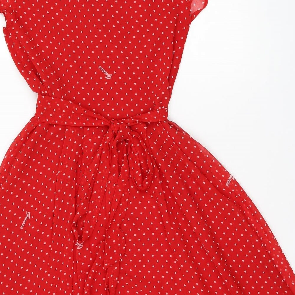 GUESS Womens Red Polka Dot Polyester Wrap Dress Size M V-Neck Tie