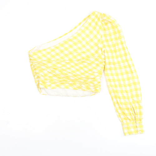 Zara Womens Yellow Geometric Polyester Jersey Blouse Size M One Shoulder