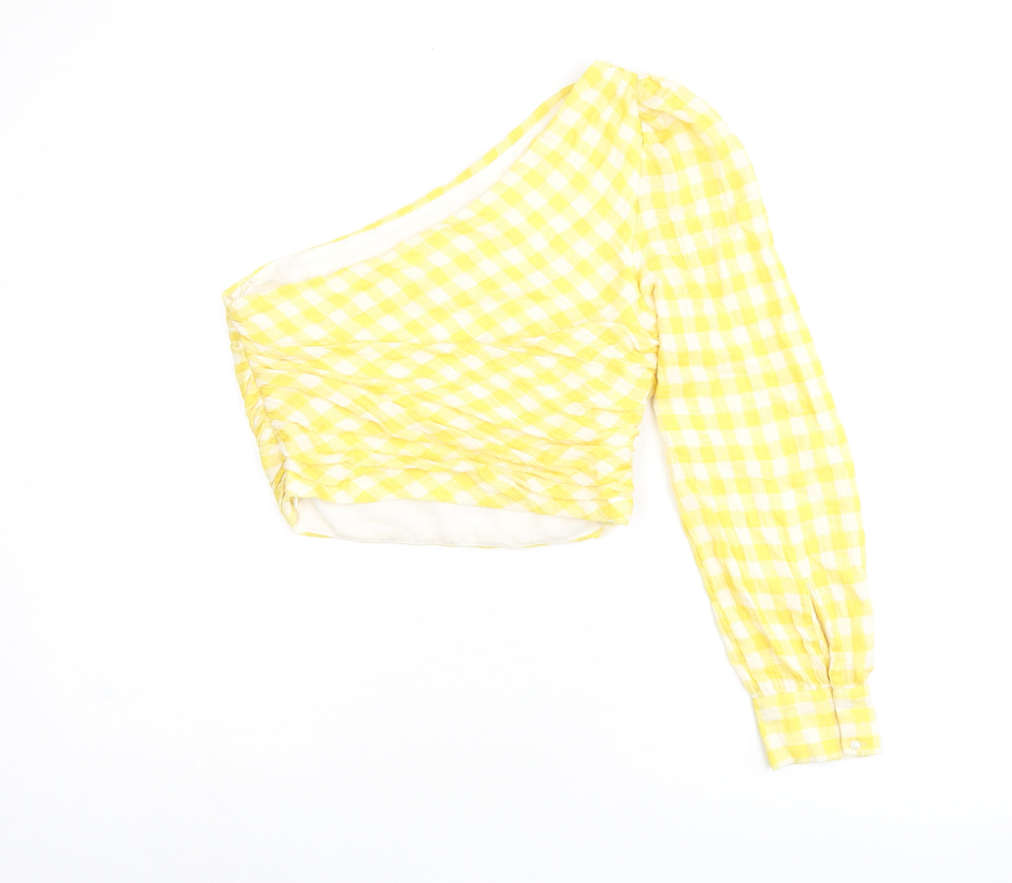 Zara Womens Yellow Geometric Polyester Jersey Blouse Size M One Shoulder