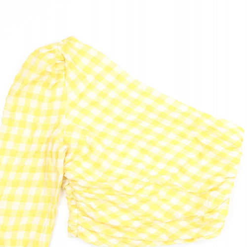 Zara Womens Yellow Geometric Polyester Jersey Blouse Size M One Shoulder