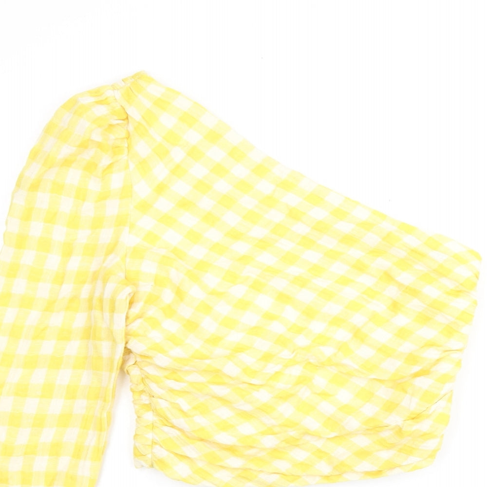 Zara Womens Yellow Geometric Polyester Jersey Blouse Size M One Shoulder