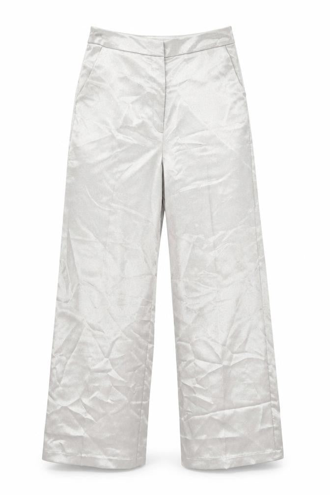 Front view of Miss Selfridge women’s gold polyester trousers, size UK 10, 31-inch leg regular zip