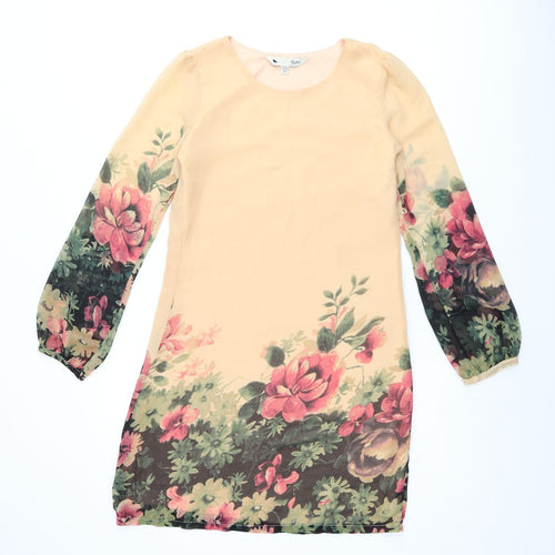Yumi Womens Orange Floral Polyester Shift Size 6 Scoop Neck Zip