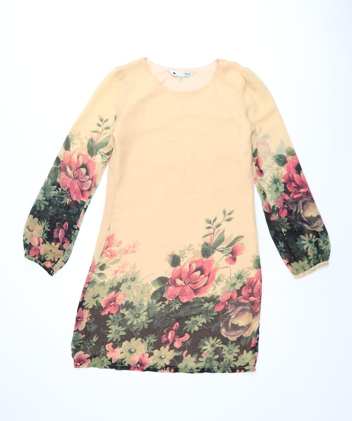 Yumi Womens Orange Floral Polyester Shift Size 6 Scoop Neck Zip