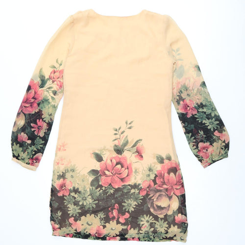 Yumi Womens Orange Floral Polyester Shift Size 6 Scoop Neck Zip