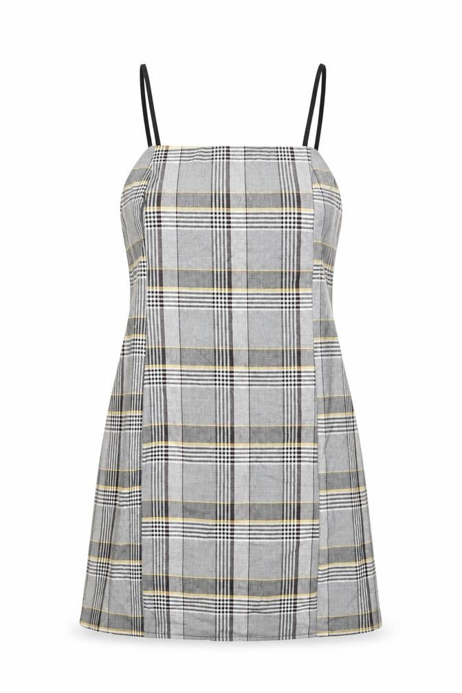Front view of Urban Outfitters women’s grey plaid polyester mini, size L, square neck zip