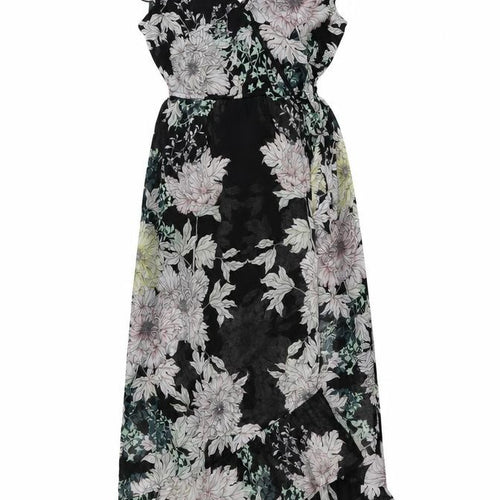 Band of Gypsies Womens Black Floral Polyester A-Line Size XS V-Neck Tie