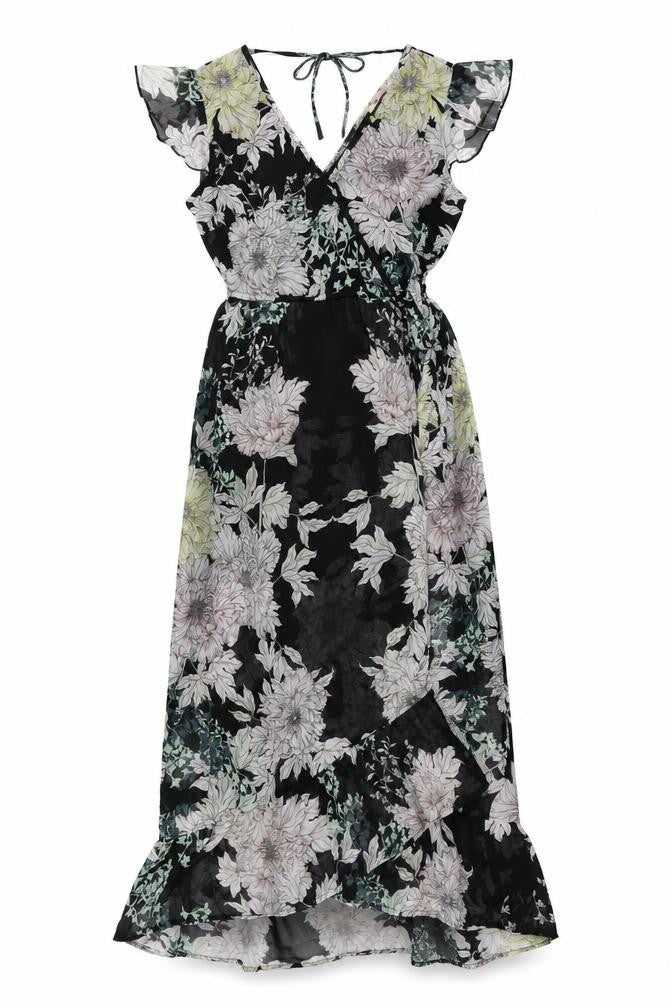 Band of Gypsies Womens Black Floral Polyester A-Line Size XS V-Neck Tie
