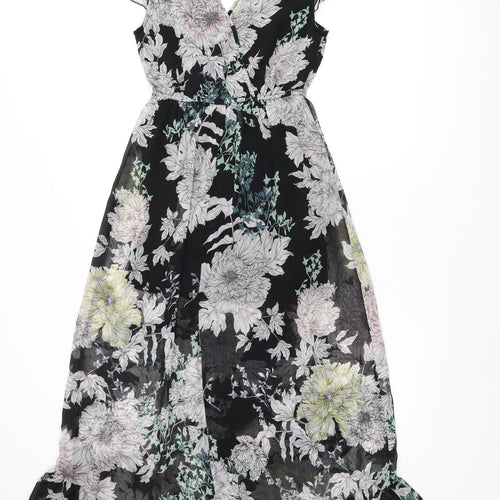 Band of Gypsies Womens Black Floral Polyester A-Line Size XS V-Neck Tie