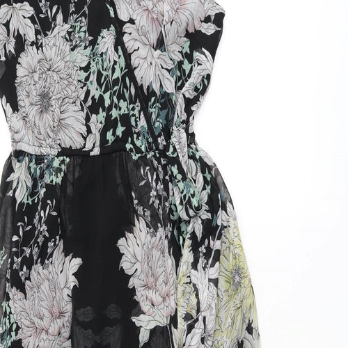 Band of Gypsies Womens Black Floral Polyester A-Line Size XS V-Neck Tie