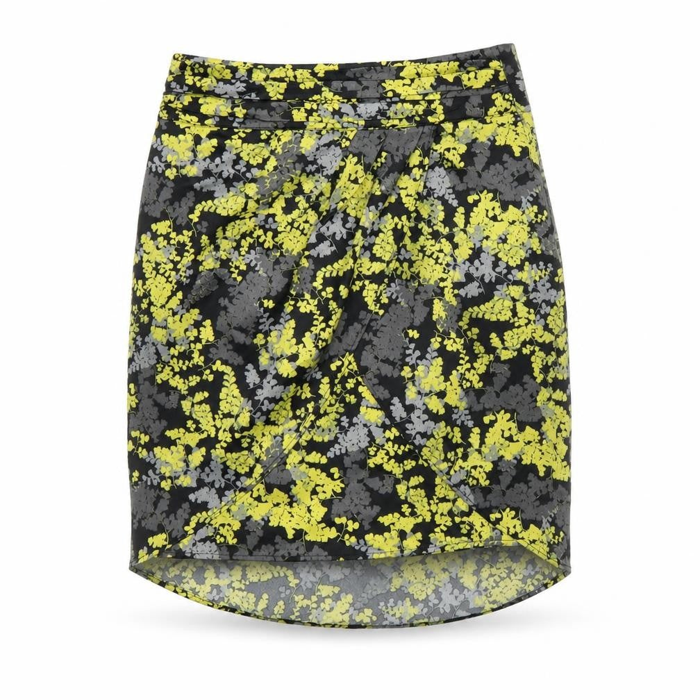 Front view of H&M women’s black floral polyester mini skirt, size UK 6, zip