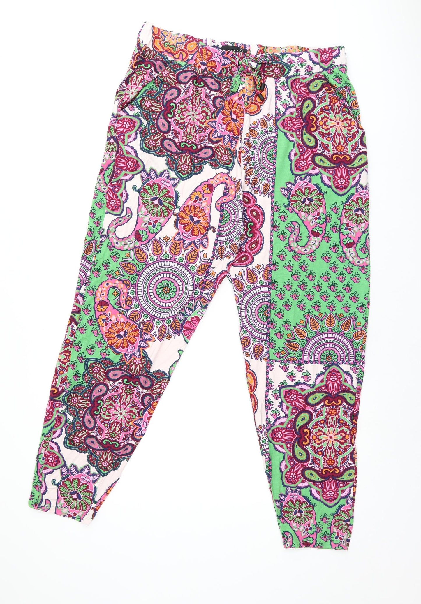 NEXT Womens Multicoloured Paisley Viscose Trousers Size 16 L28 in Regular Drawstring