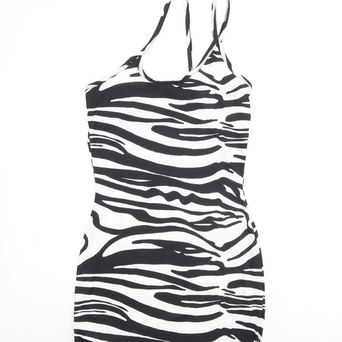 PRETTYLITTLETHING Womens Black Animal Print Polyester Bodycon Size 4 Scoop Neck Pullover - Zebra print