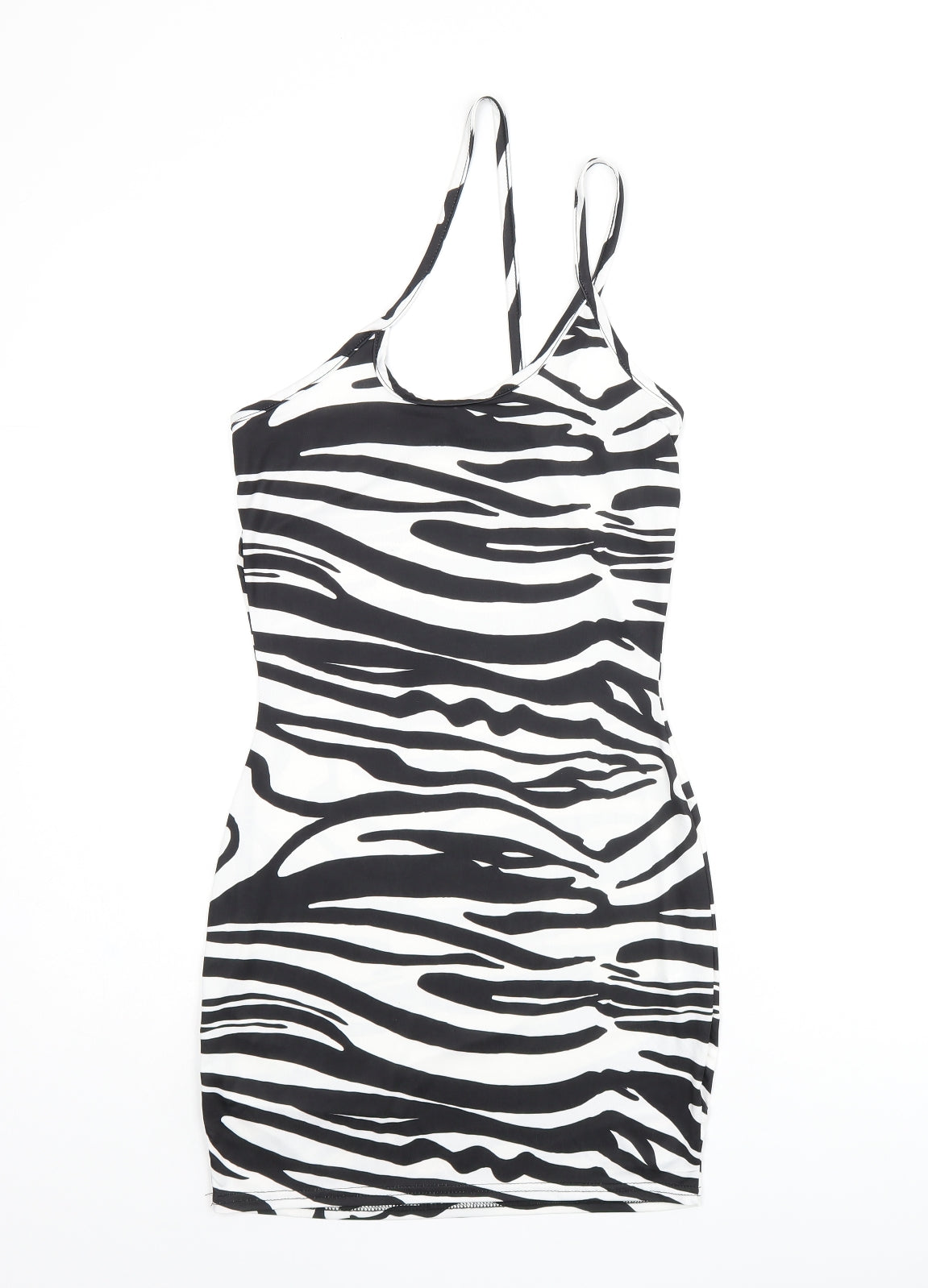 PRETTYLITTLETHING Womens Black Animal Print Polyester Bodycon Size 4 Scoop Neck Pullover - Zebra print