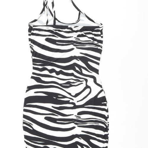 PRETTYLITTLETHING Womens Black Animal Print Polyester Bodycon Size 4 Scoop Neck Pullover - Zebra print